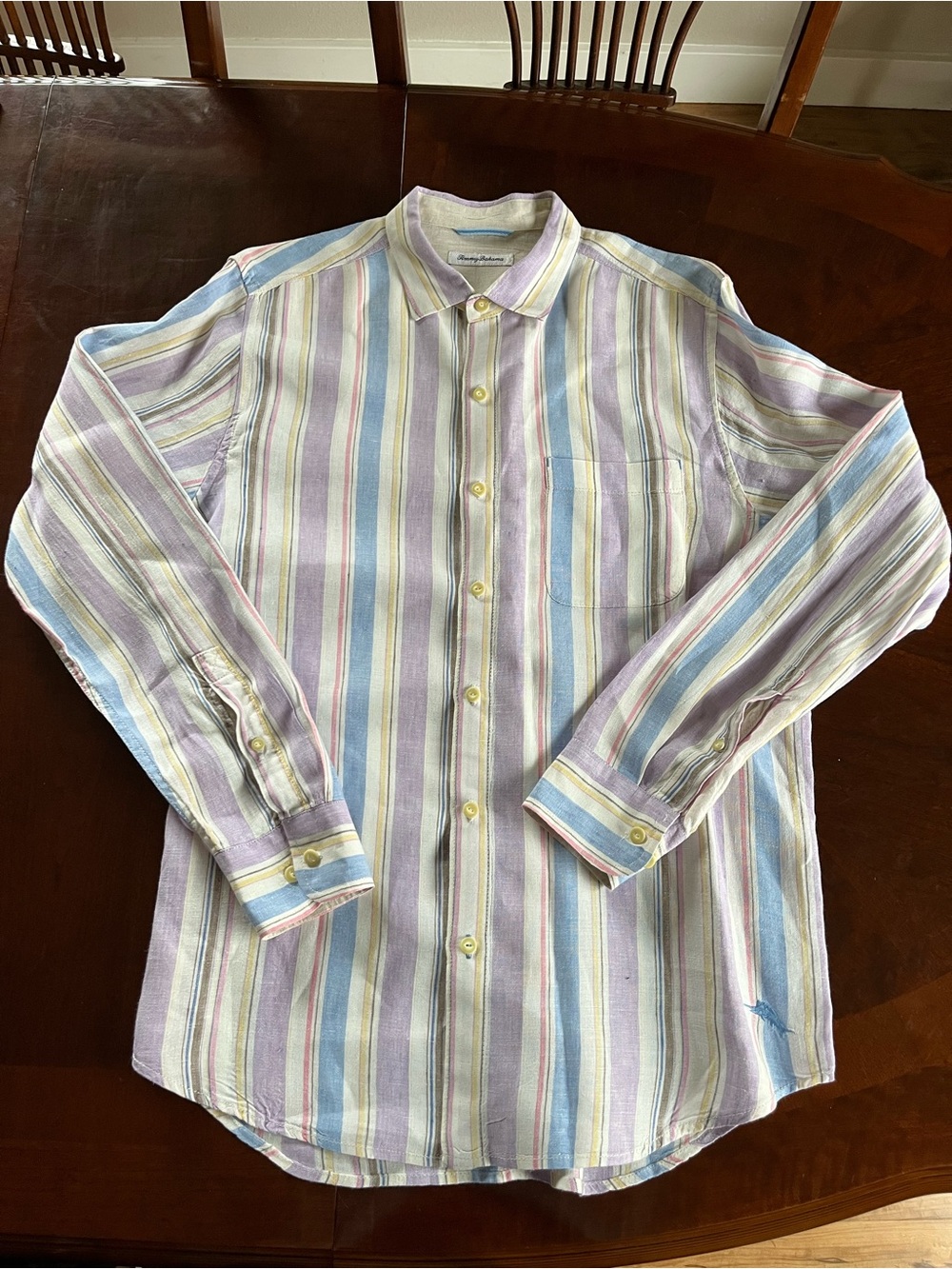 Tommy Bahama 100% Linen Pastel Purple Blue Striped Button Up Shirt Size Large